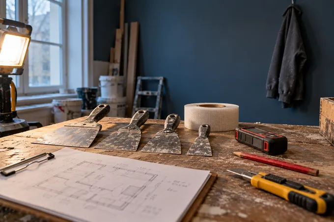 Établi du dépôt : couteaux à enduire, bande calicot, télémètre, crayon et plan coté sur une planchette, lampe de chantier allumée