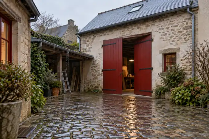Cour pavée sous la pluie à Saint-Patern, devant une ancienne menuiserie aux grandes portes rouges
